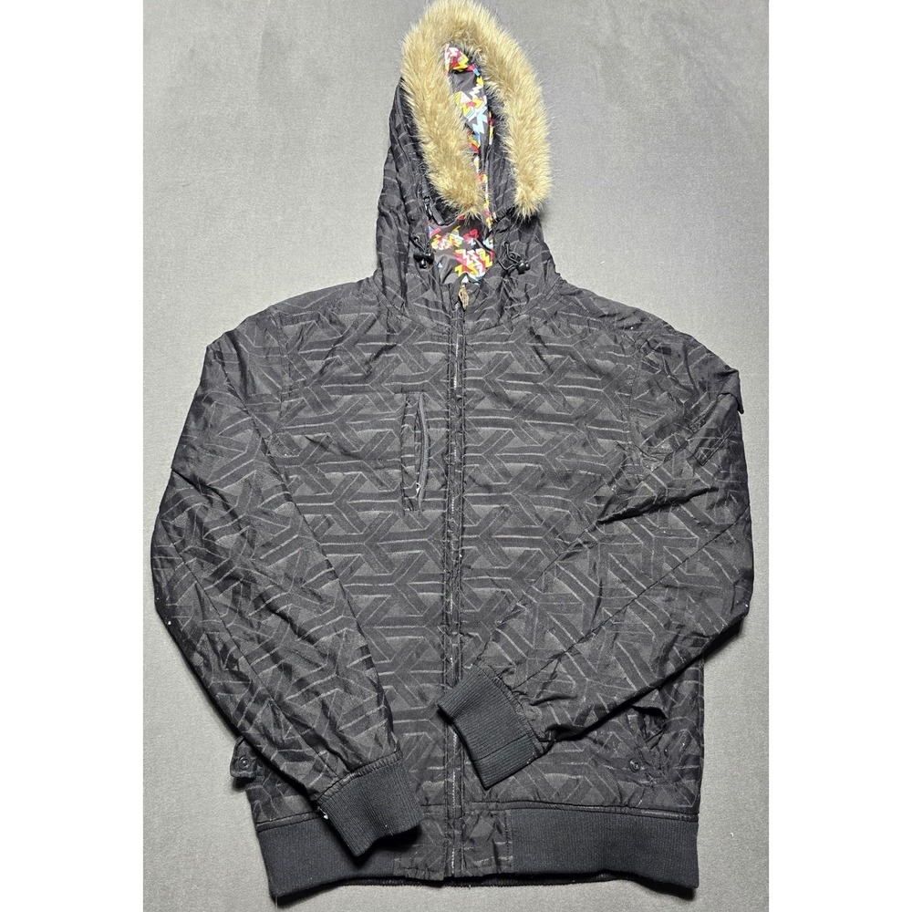 Empyre Black Geometric Quilted Faux Fur Hooded Bomber Jacket Mens XL